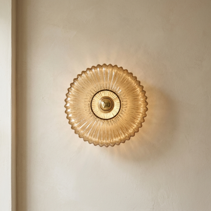 Ribbed Amber Glass Disc Wall Light, Scalloped Rim with Brushed Brass Centre Boss, Flush Wall Mount, Living Room & Hallway