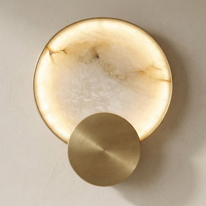 Backlit Alabaster Disc Wall Light, Brass Rimmed Stone Dish and Offset Brushed Brass Disc, Living Room & Bedroom