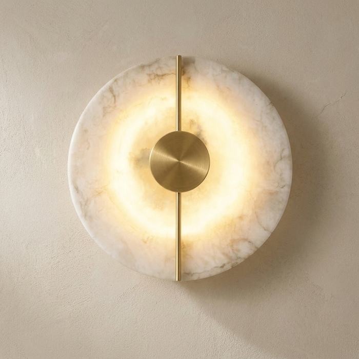 Marble Disc Wall Light with Brushed Brass Bar and Central Boss, Halo Backlight, Bedroom, Living Room & Hallway