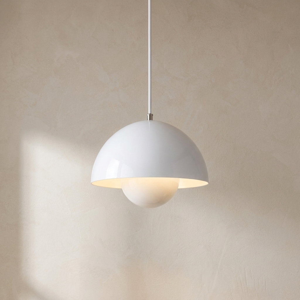 White Enamelled Metal Dome Pendant Light, Twin Hemisphere Shade on a Matching White Fabric Cord, Kitchen Island & Bedroom
