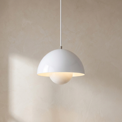 White Enamelled Metal Dome Pendant Light, Twin Hemisphere Shade on a Matching White Fabric Cord, Kitchen Island & Bedroom