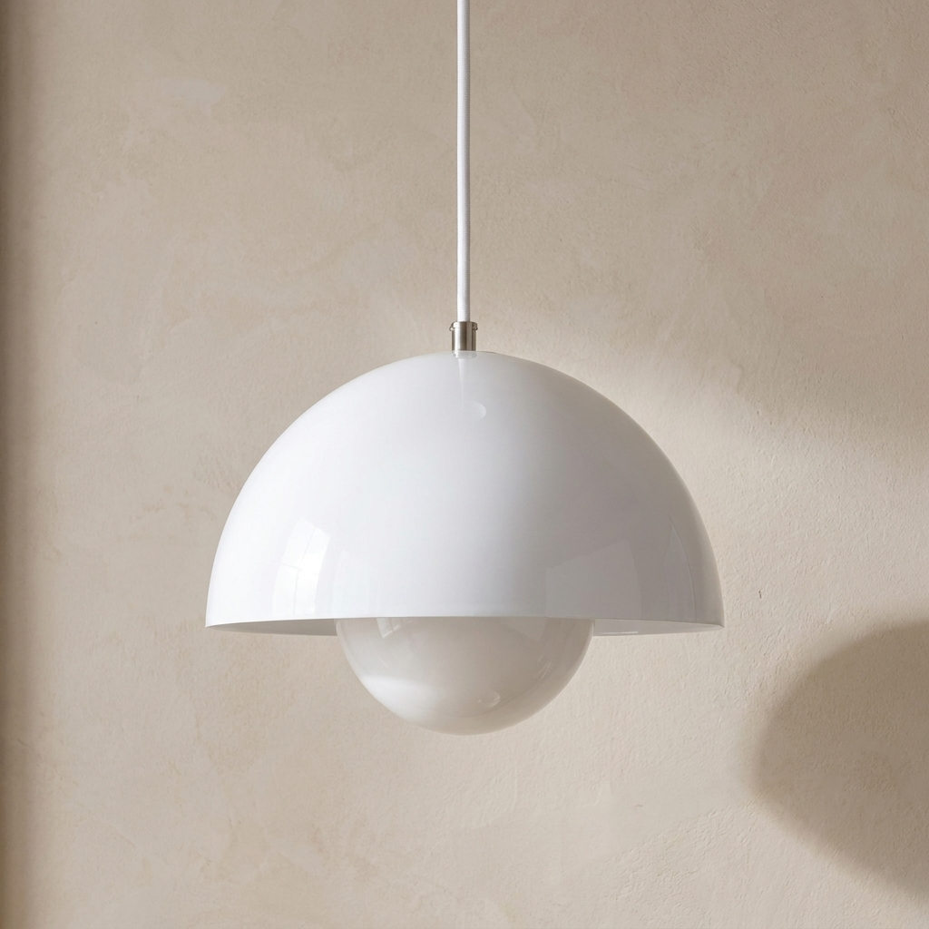 White Enamelled Metal Dome Pendant Light, Twin Hemisphere Shade on a Matching White Fabric Cord, Kitchen Island & Bedroom