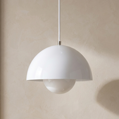White Enamelled Metal Dome Pendant Light, Twin Hemisphere Shade on a Matching White Fabric Cord, Kitchen Island & Bedroom