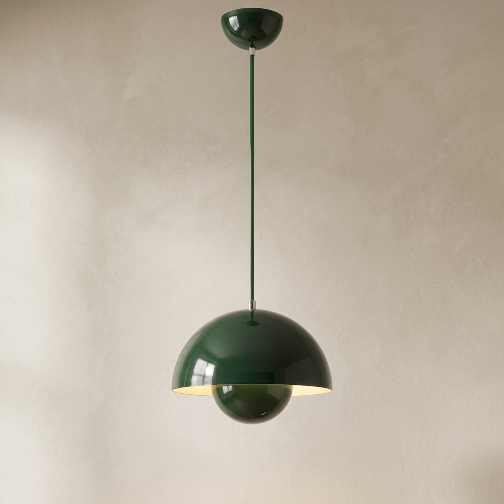 Green Enamelled Metal Dome Pendant Light, Twin Hemisphere Shade on a Matching Green Fabric Cord, Kitchen Island & Bedroom