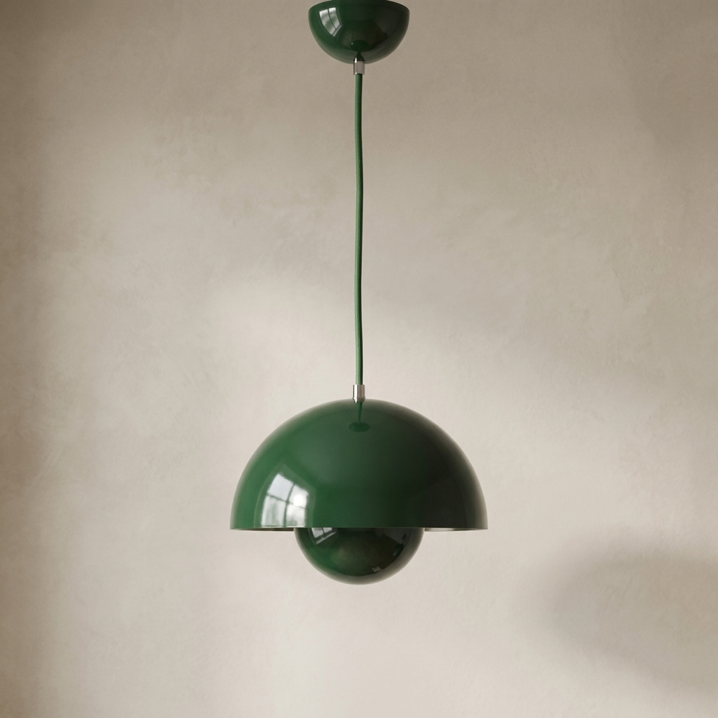 Green Enamelled Metal Dome Pendant Light, Twin Hemisphere Shade on a Matching Green Fabric Cord, Kitchen Island & Bedroom