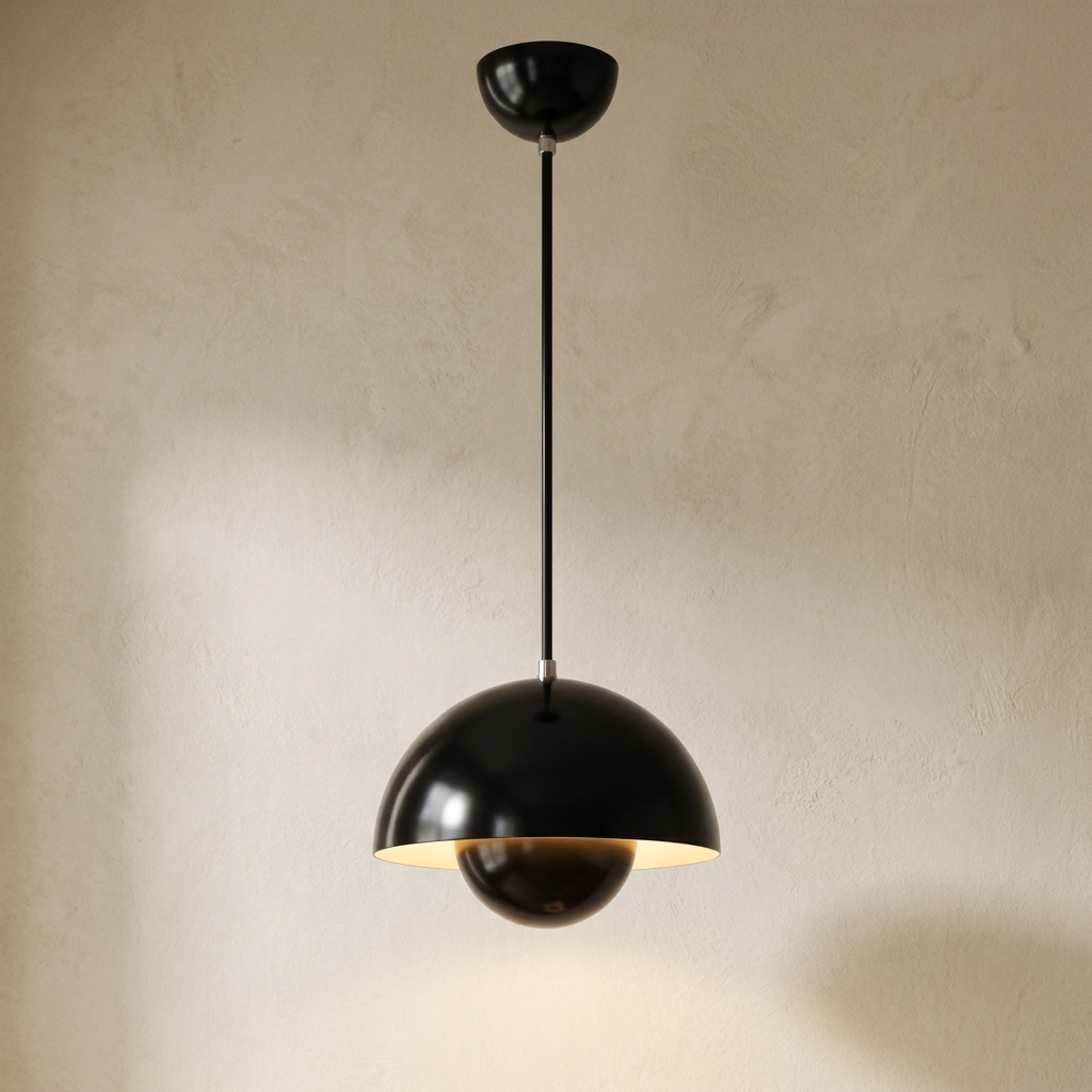 Black Enamelled Metal Dome Pendant Light, Twin Hemisphere Shade on a Matching Black Fabric Cord, Kitchen Island & Bedroom