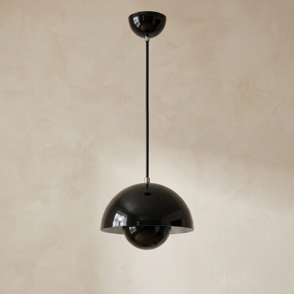 Black Enamelled Metal Dome Pendant Light, Twin Hemisphere Shade on a Matching Black Fabric Cord, Kitchen Island & Bedroom