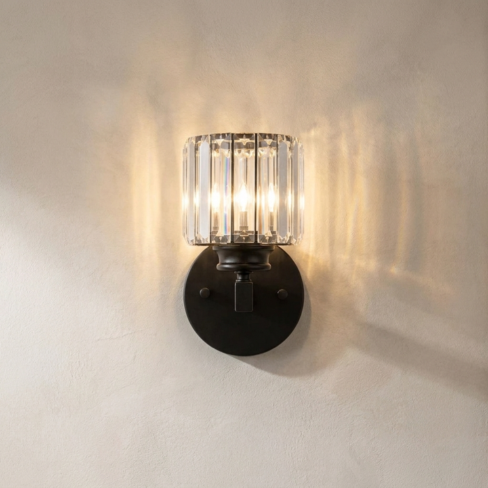 Faceted Crystal Cylinder Wall Light, Clear Bar Shade on a Matt Black Round Backplate, Bedside, Bedroom & Hallway