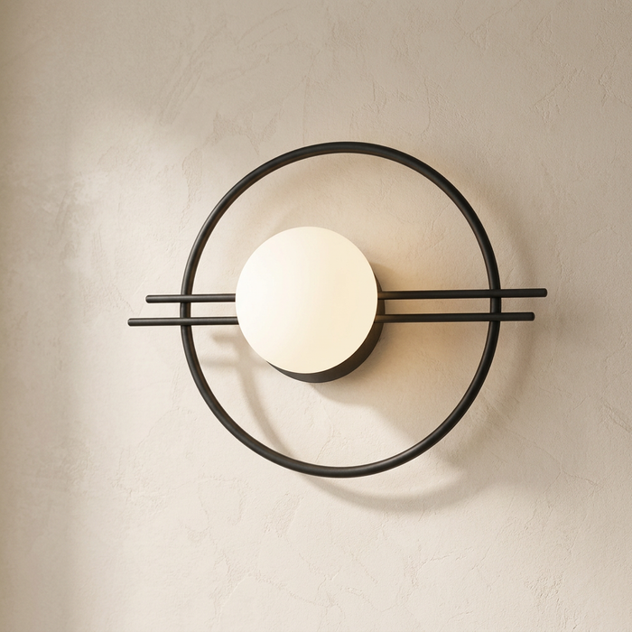 Opal Glass Globe Wall Light, Matt Black Ring Frame with Twin Crossbars, Hardwired, Bedroom, Hallway & Living Room