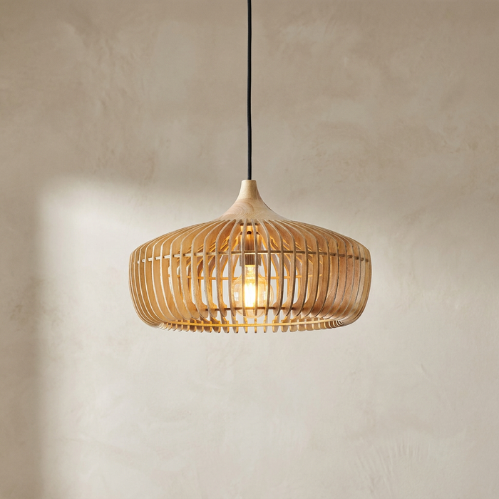 Ribbed Wood Cage Pendant Light, Vertical Timber Slats in a Natural Finish, Black Cord Drop, Dining Table & Living Room