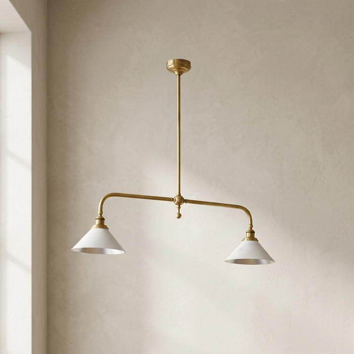 White Metal Cone Pendant Light, 2 Shades On A Brass Crossbar With A Rigid Rod Drop, Kitchen Island, Dining Table & Console