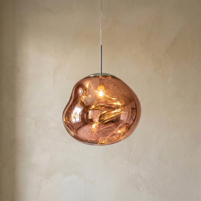 Polished Copper Sphere Pendant Light, Irregular Molten Form, Mirrored Acrylic Shade, Clear Cable Suspension, Dining Room & Kitchen Island