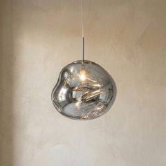 Polished Chrome Sphere Pendant Light, Molten Form, Mirrored Acrylic Shade, 28cm Diameter, Dining Room & Kitchen Island