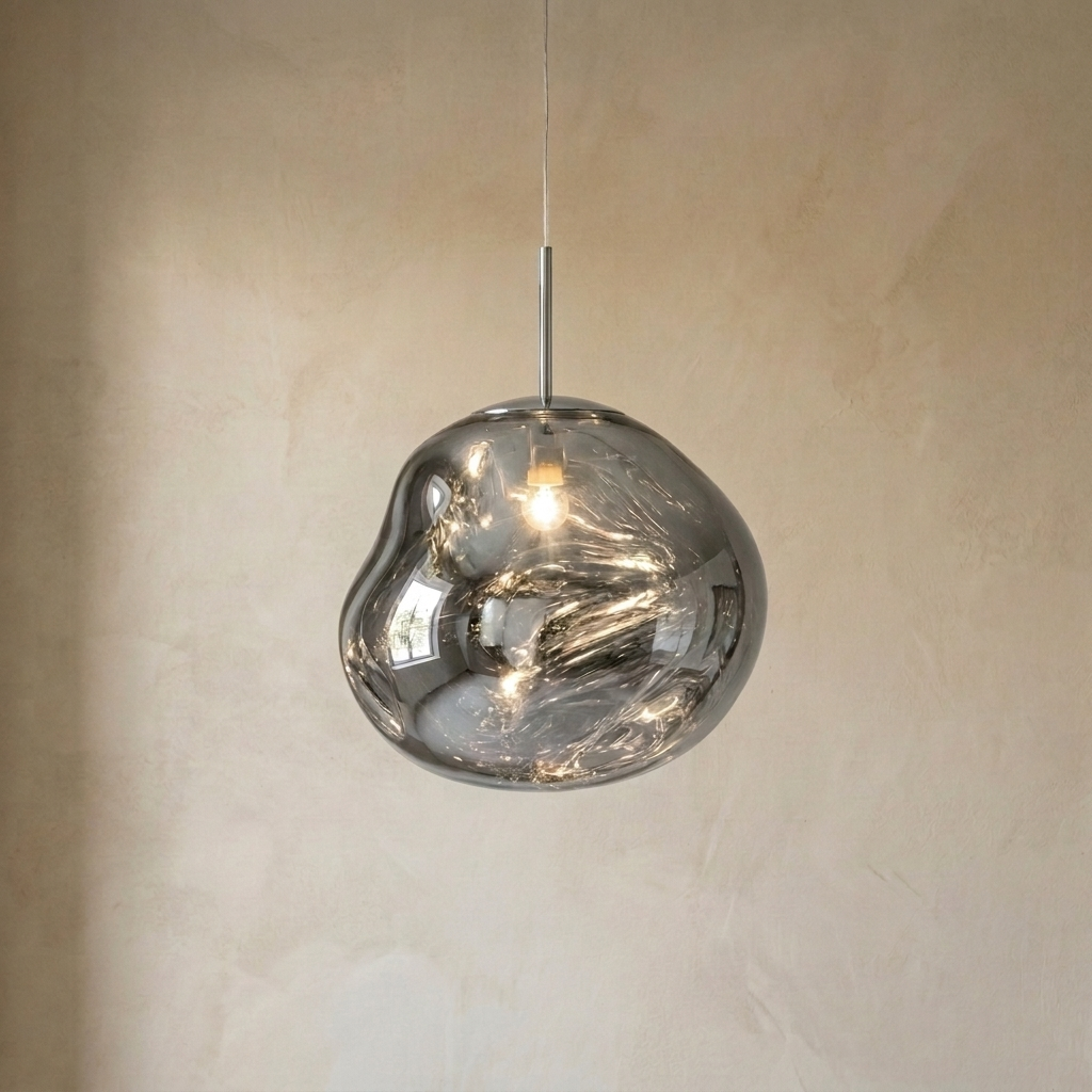 Polished Chrome Sphere Pendant Light, Molten Form, Mirrored Acrylic Shade, 28cm Diameter, Dining Room & Kitchen Island