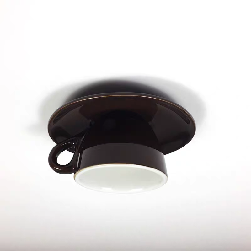 Glazed Ceramic Bowl Flush Ceiling Light, Brown Finish, Playful Handle Detail, Set of 2, Bedroom, Living Room & Dining Room