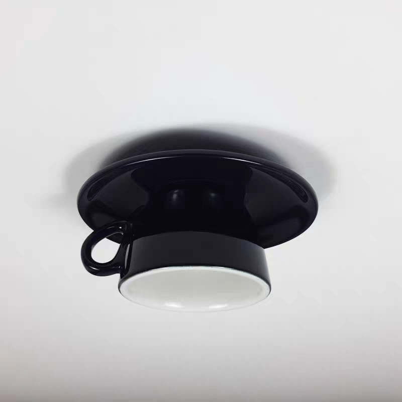Glazed Ceramic Bowl Flush Ceiling Light, Black Finish, Playful Handle Detail, Set of 2, Bedroom, Living Room & Dining Room
