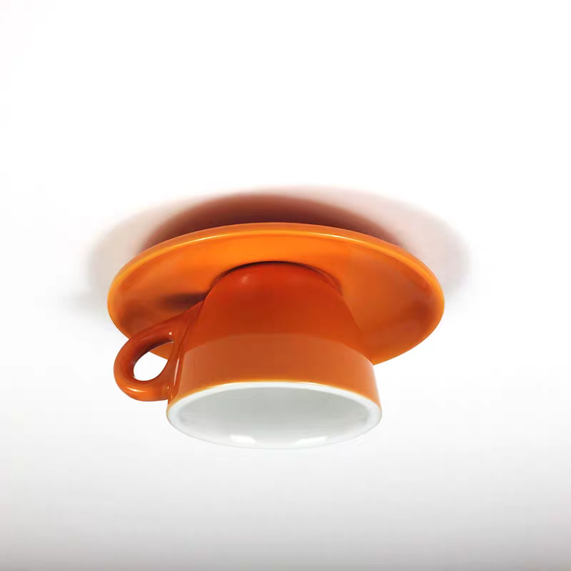 Glazed Ceramic Bowl Flush Ceiling Light, Orange Finish, Playful Handle Detail, Set of 2, Bedroom, Living Room & Dining Room