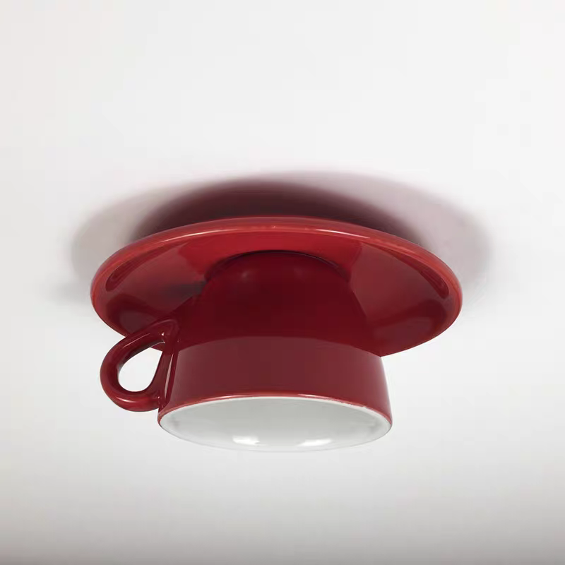 Glazed Ceramic Bowl Flush Ceiling Light, Red Finish, Playful Handle Detail, Set of 2, Bedroom, Living Room & Dining Room