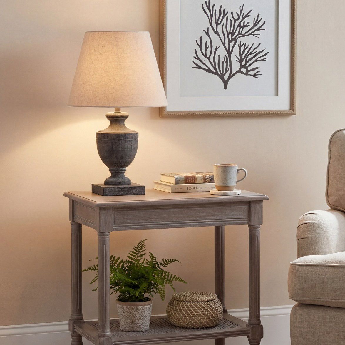 image of washed brown urn shaped lamp with linen shade