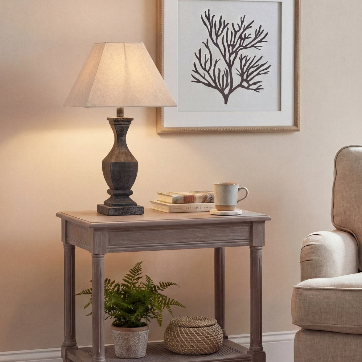 image of tall fluted washed brown table lamp on console table in living room
