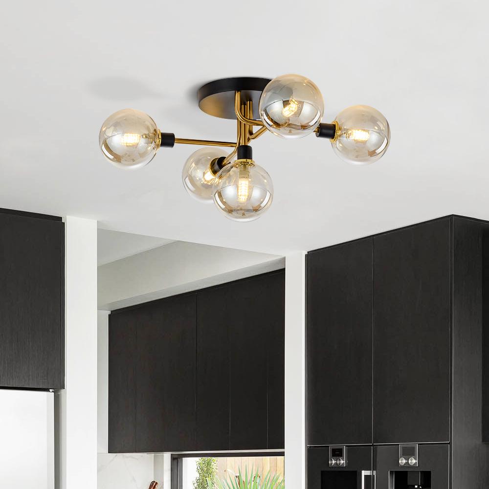 5-Light Modern Mid-Century Brass Semi Flush Mount Light