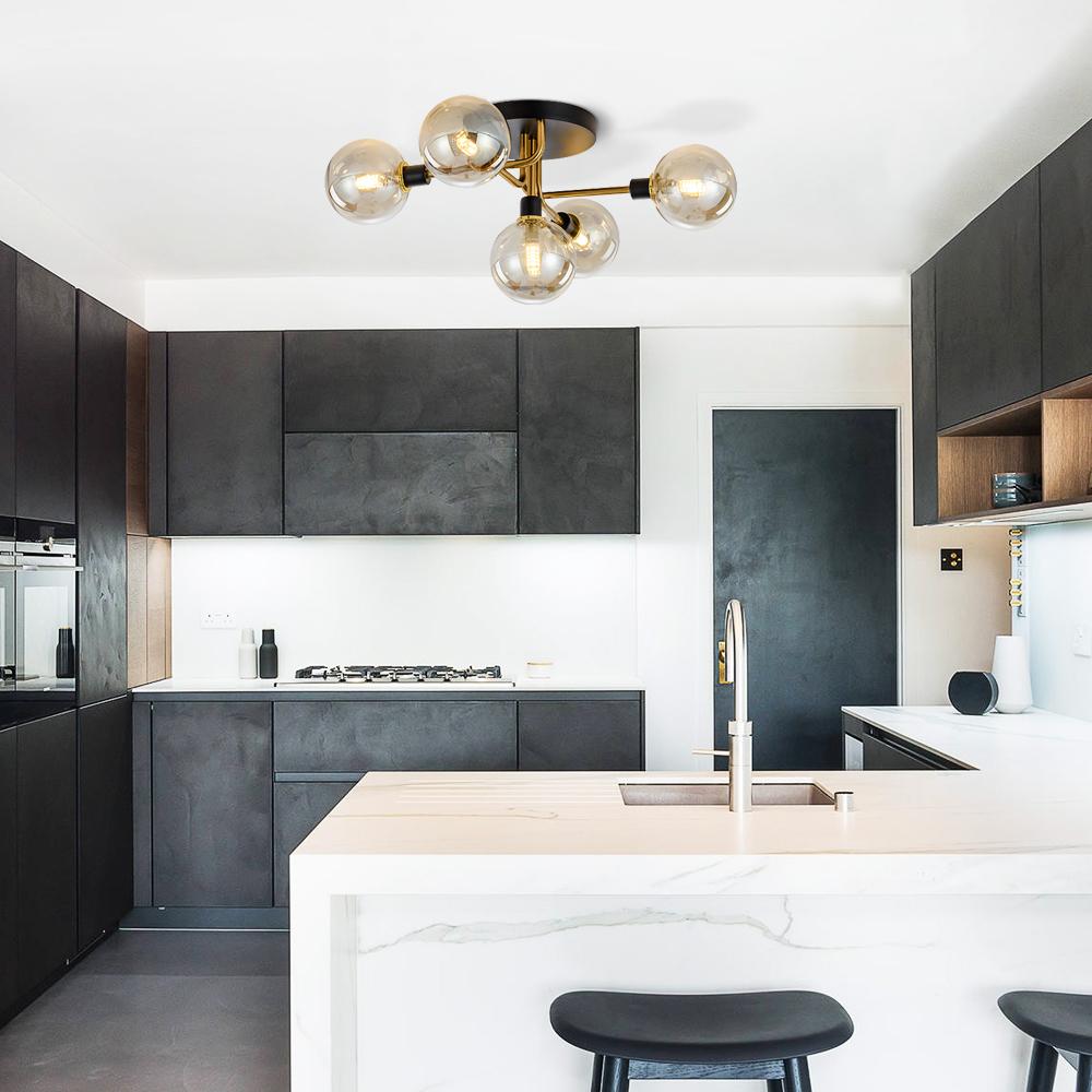5-Light Modern Mid-Century Brass Semi Flush Mount Light