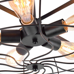 Rust Wire Cage Semi Flush Ceiling Light, 5 Light Fan Shaped Cage, Fully Exposed Bulb Design, Low Ceiling Kitchen & Bedroom