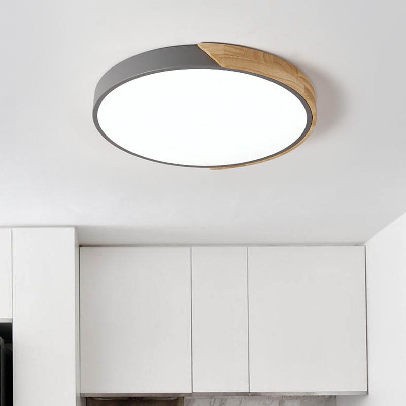 Dimmable Metal and Wood Circle Flush Mount Ceiling Light