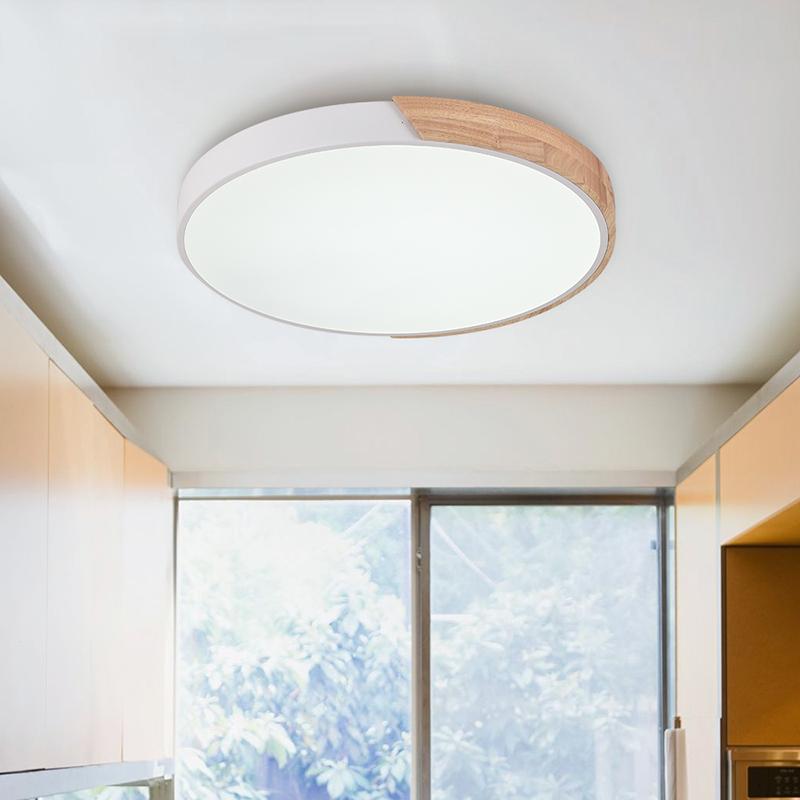 Dimmable Metal and Wood Circle Flush Mount Ceiling Light