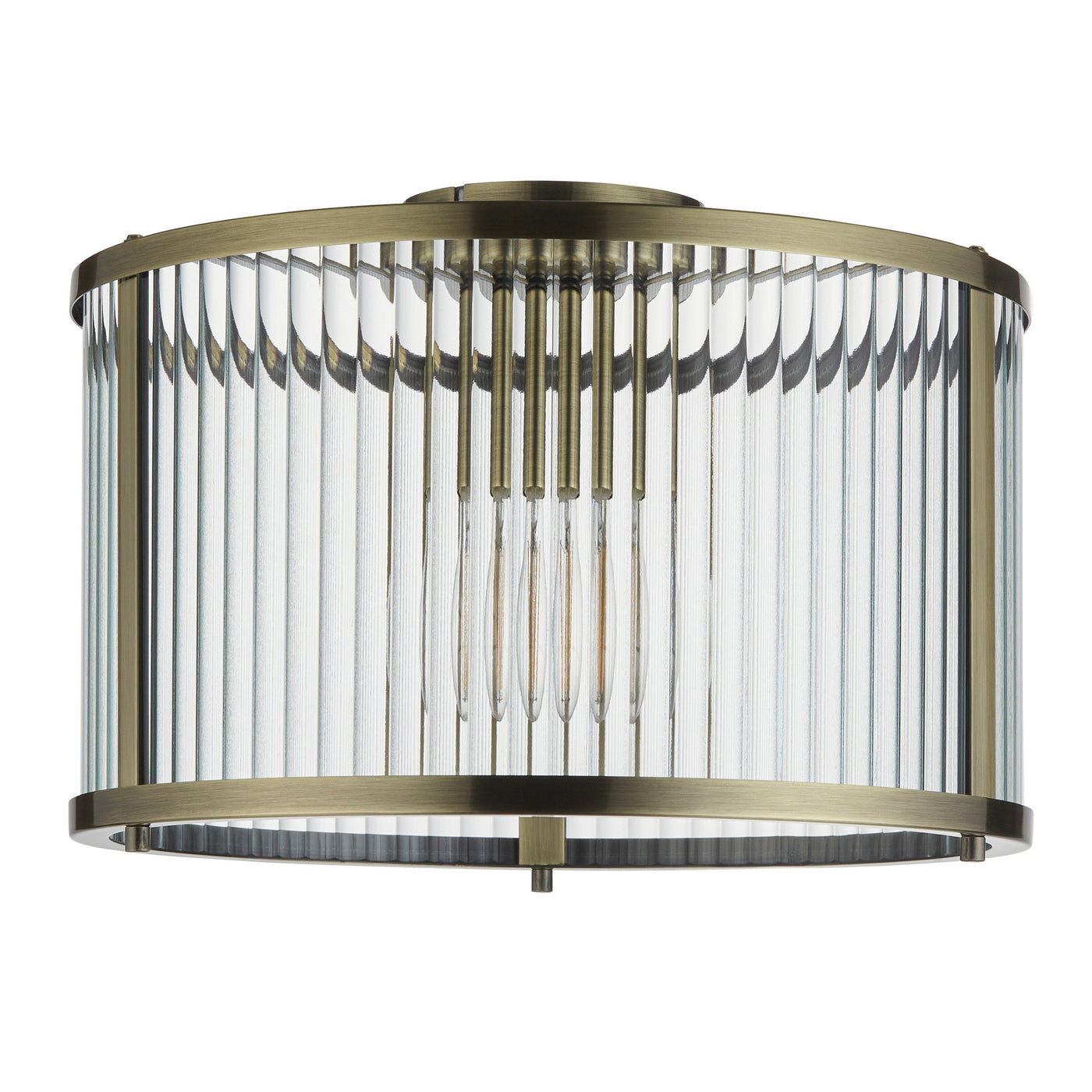 cut out image of clear ribbed glass pendant light with antique brass edges
