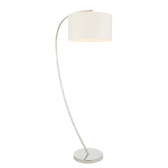 image cut out on white background of curved nickel floor lamp with natural linen shade