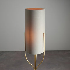 close up image on rectangular linen-effect shade of tall floor lamp