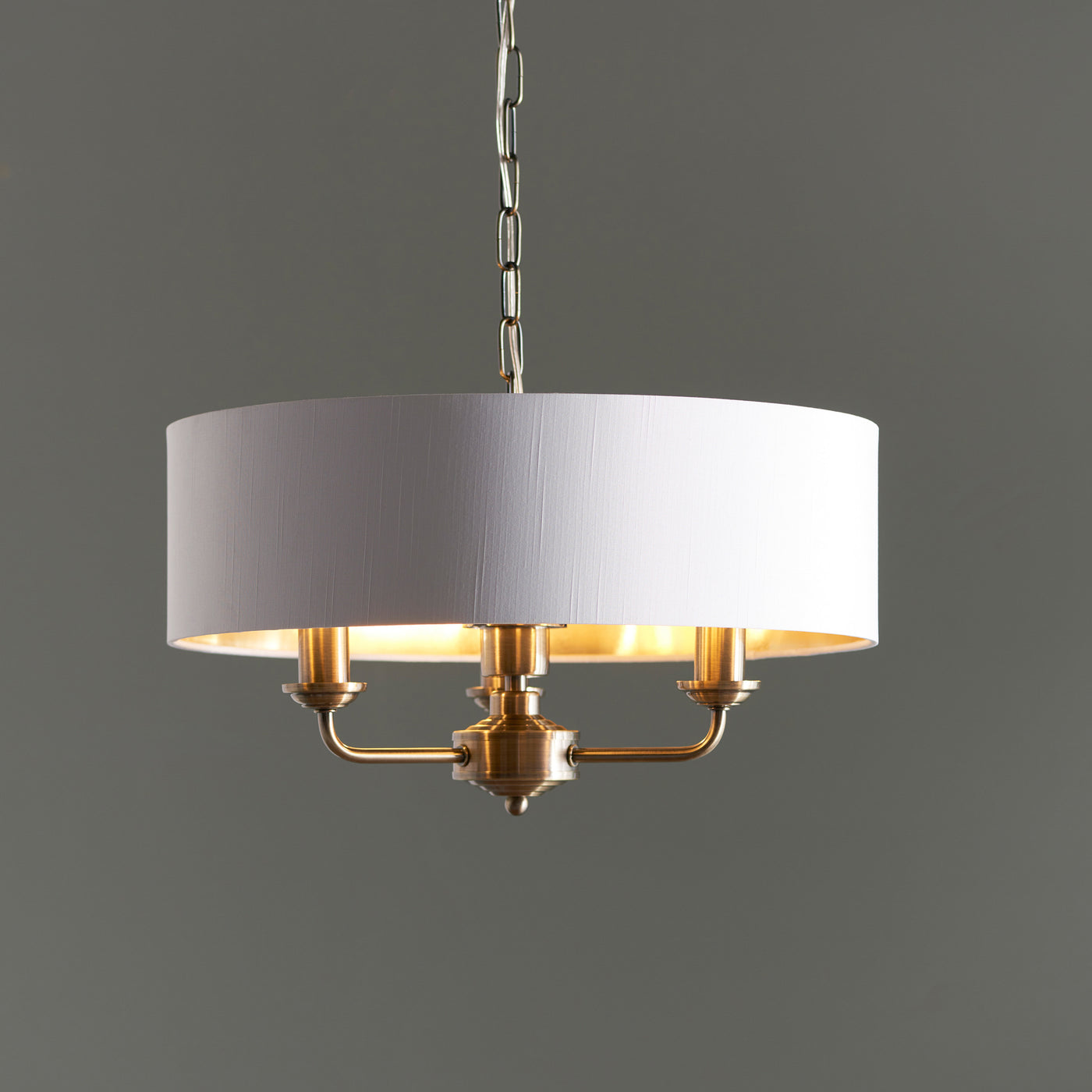 White Linen Drum Pendant Light, 3 Light Brushed Nickel Candle Arms, Chain Suspended, Dining Room, Living Room & Kitchen Island
