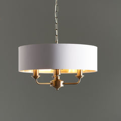 White Linen Drum Pendant Light, 3 Light Brushed Nickel Candle Arms, Chain Suspended, Dining Room, Living Room & Kitchen Island