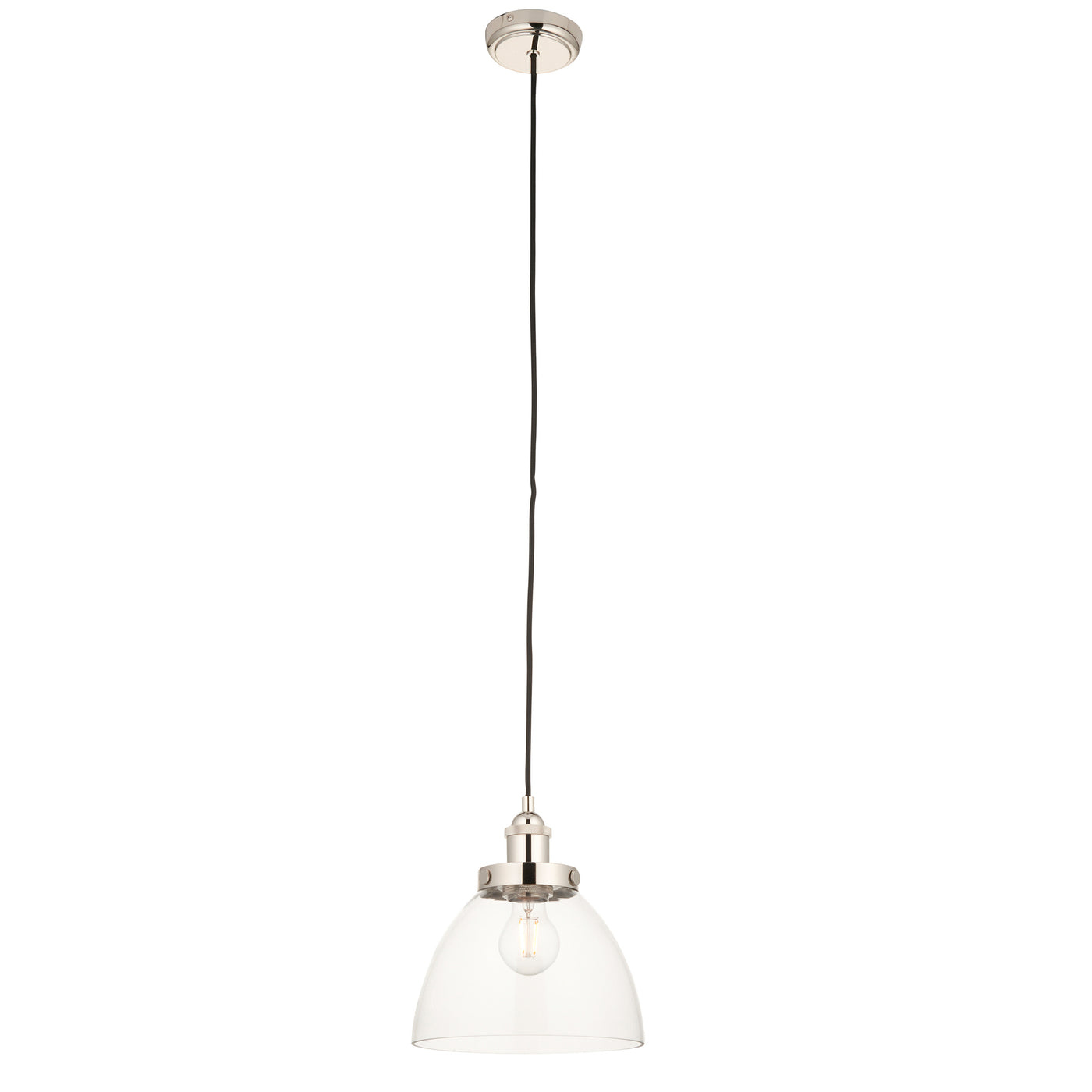 image cut out on white background of pendant light with clear glass shade and nickel fixtures