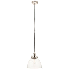 image cut out on white background of pendant light with clear glass shade and nickel fixtures