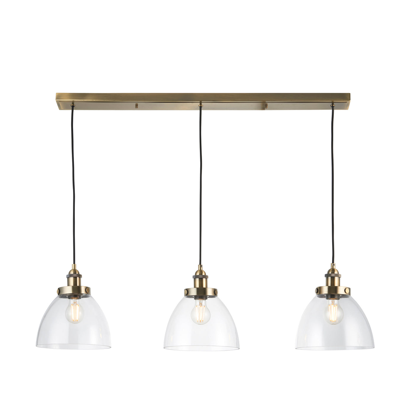 image cut out on white background of three-drop antique brass lights