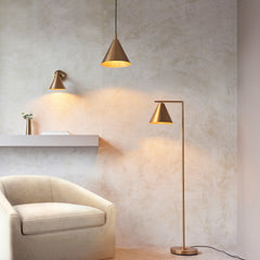 Antique Brass Cone Pendant Light, Warm Copper Toned Inner Face, Metal Shade on a Black Fabric Cable, Kitchen Island & Bedside