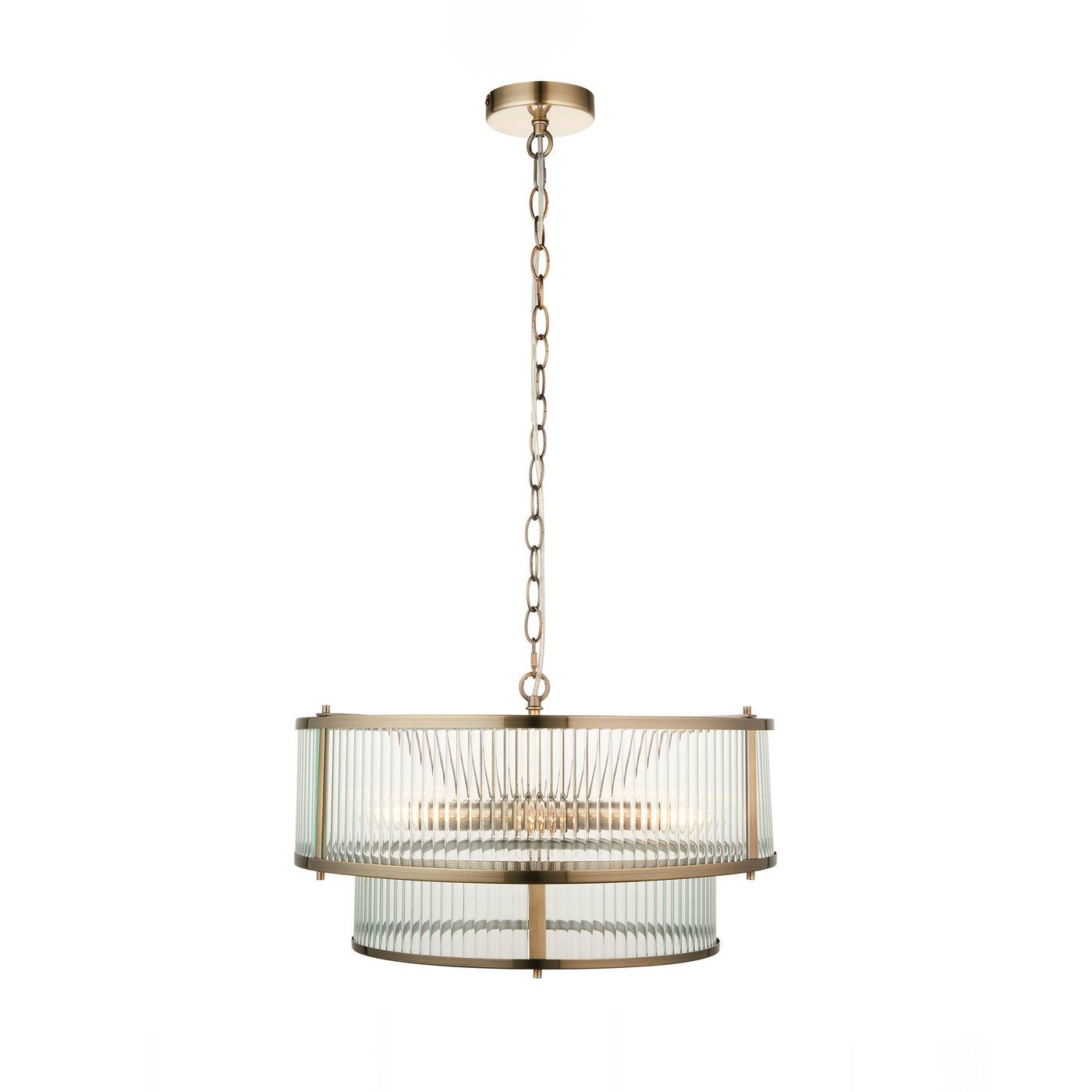 cut out image of tiered ribbed glass antique brass pendant light