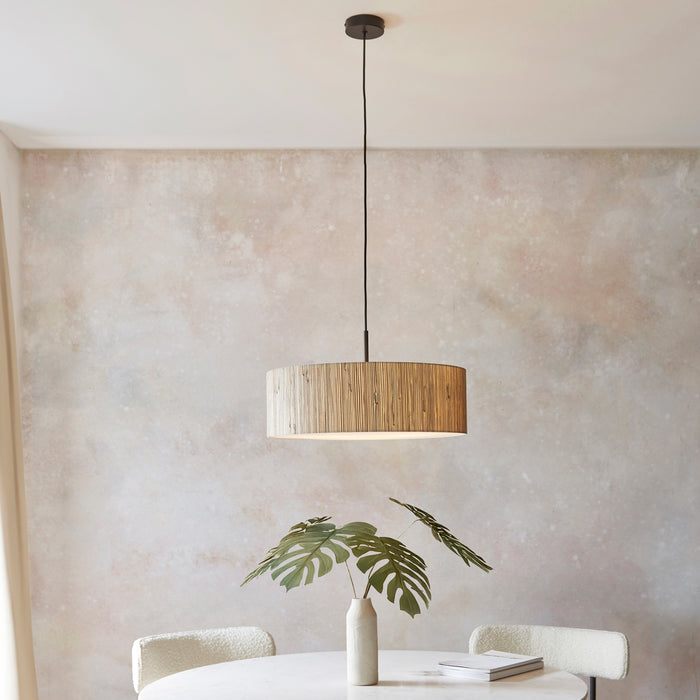 image of natural woven seagrass pendant light with three bulbs