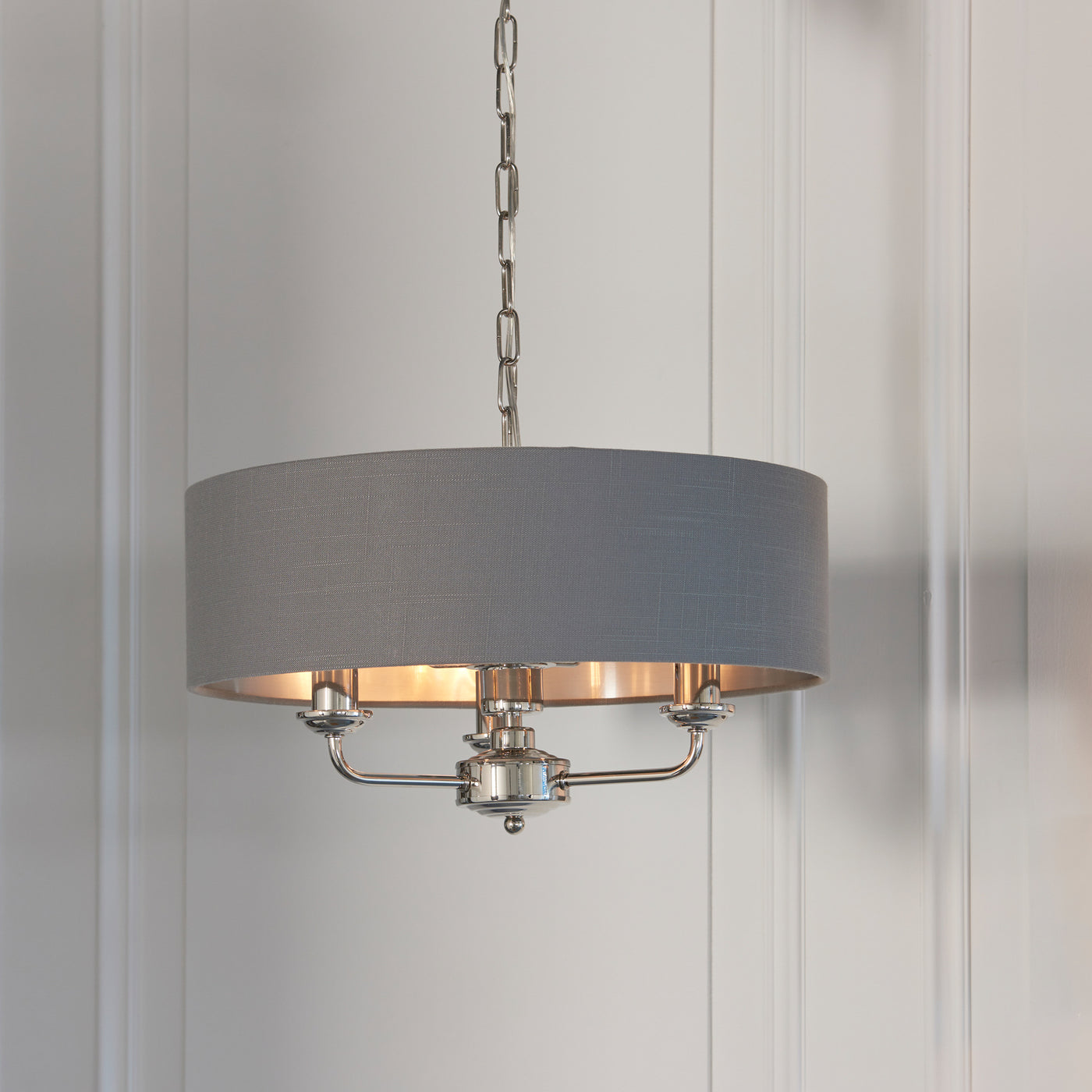 Grey Linen Drum Pendant Light, 3 Light Polished Nickel Candle Arms, Chain Suspended, Dining Room, Living Room & Kitchen Island