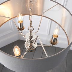 Cream Linen Drum Pendant Light, 3 Light Chrome Candle Arms, Chain Suspended, Dining Room, Living Room & Kitchen Island