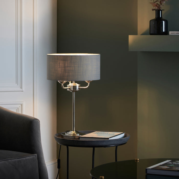 image of table lamp with nickel body and charcoal linen shade