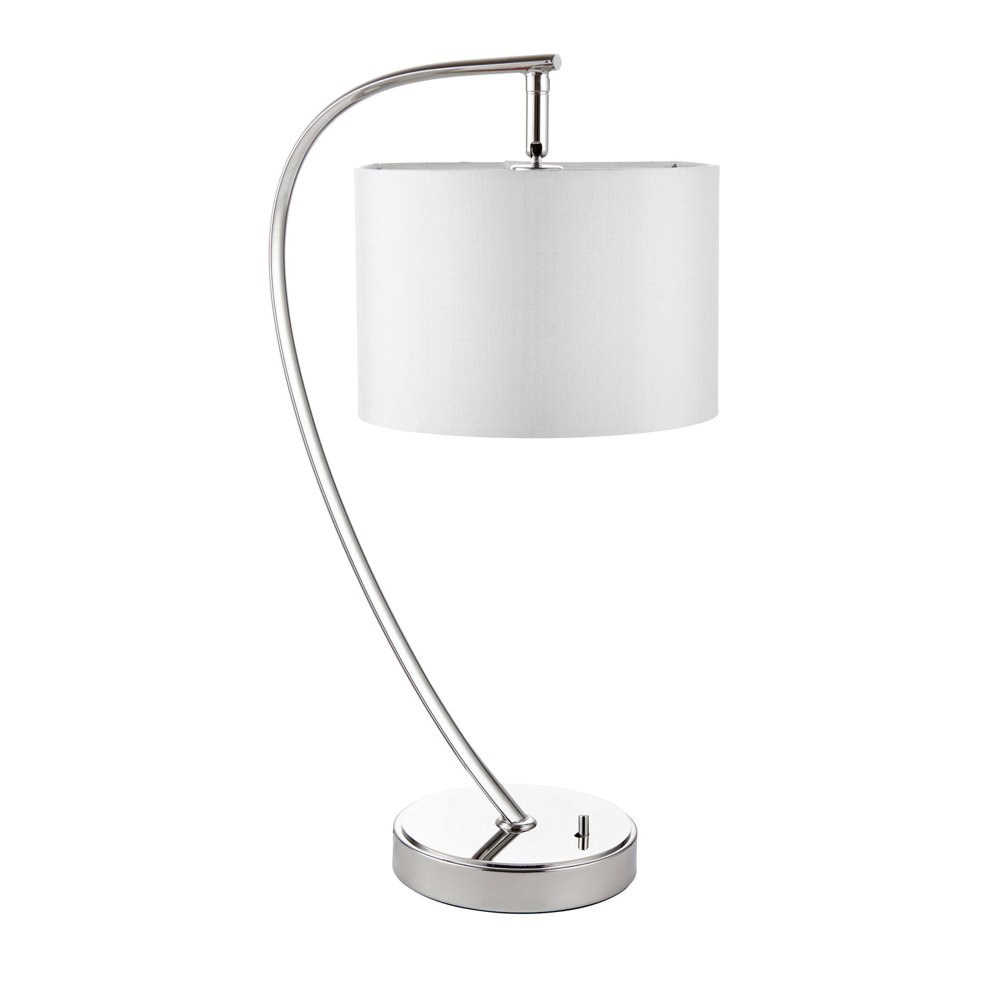 image cut out on white background of gently arched nickel table lamp with faux silk white shade