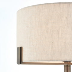 side on close up image of linen shade supported by bronze metalwork arm