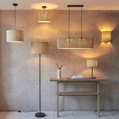 wide image of seagrass lighting range including floor lamp, table lamp and ceiling light