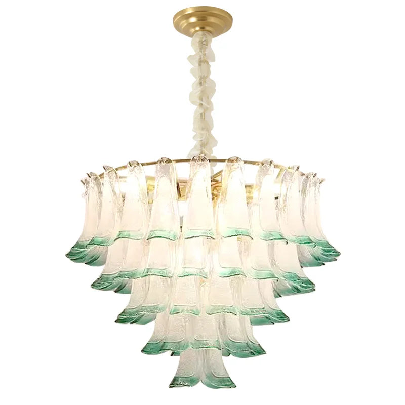 Textured Green and White Glass Tiered Chandelier, Brass Frame, Cascading Petal Design, Set of 2, Din
