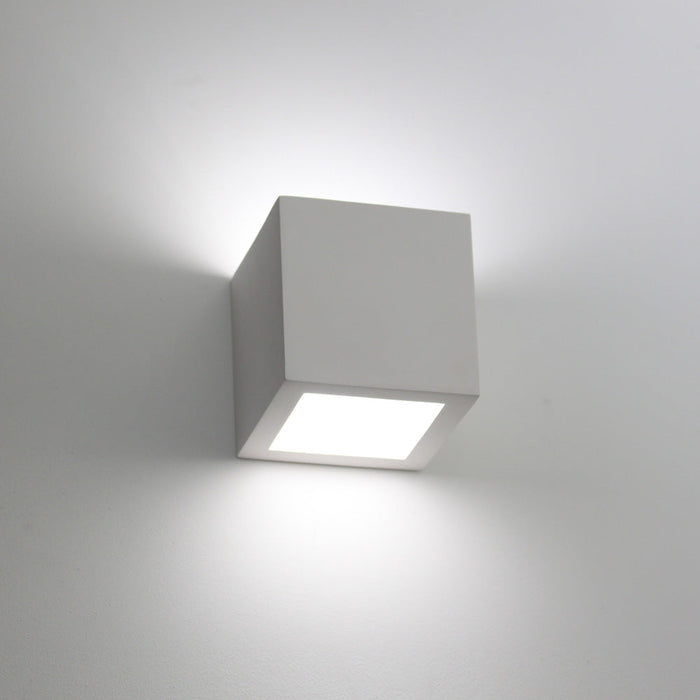 Plaster Cube Wall Light with Square Lit Aperture Below, Open Top Wash, Paintable Matt White, LED, Corner Version, Landing