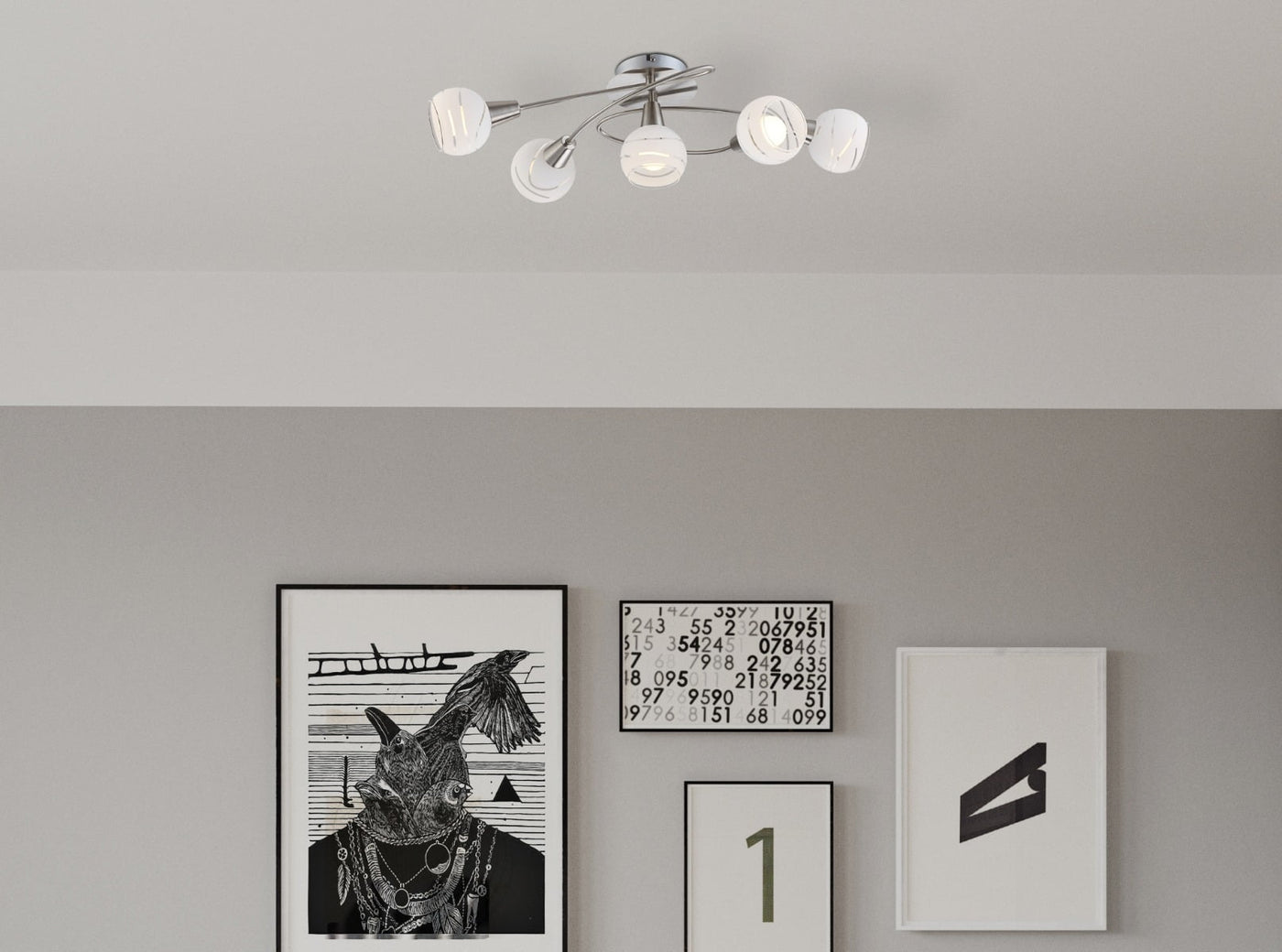 ELLIOTT Brushed Nickel Ceiling Light with White Glass Shades