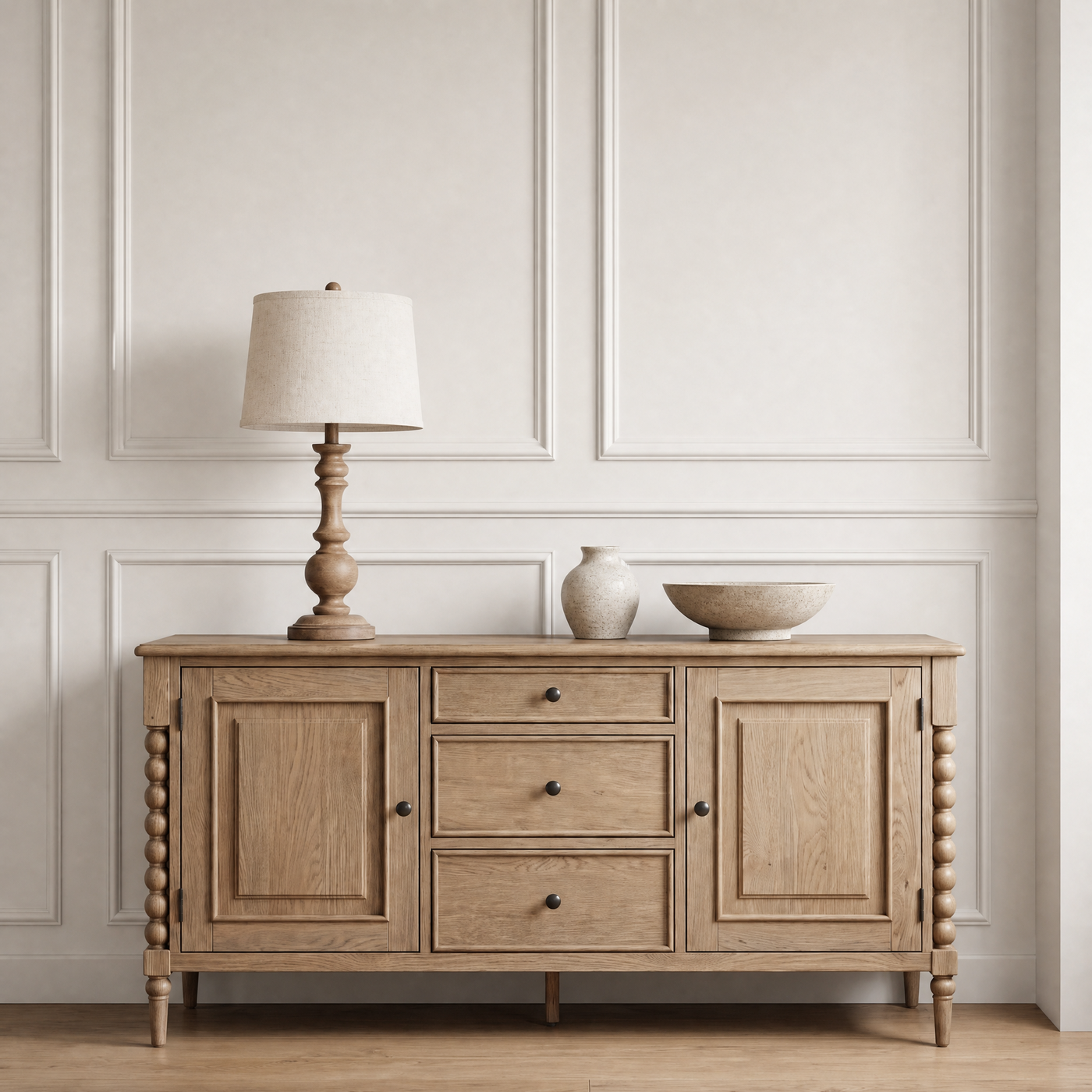 Wooden Table Lamp on Sideboard
